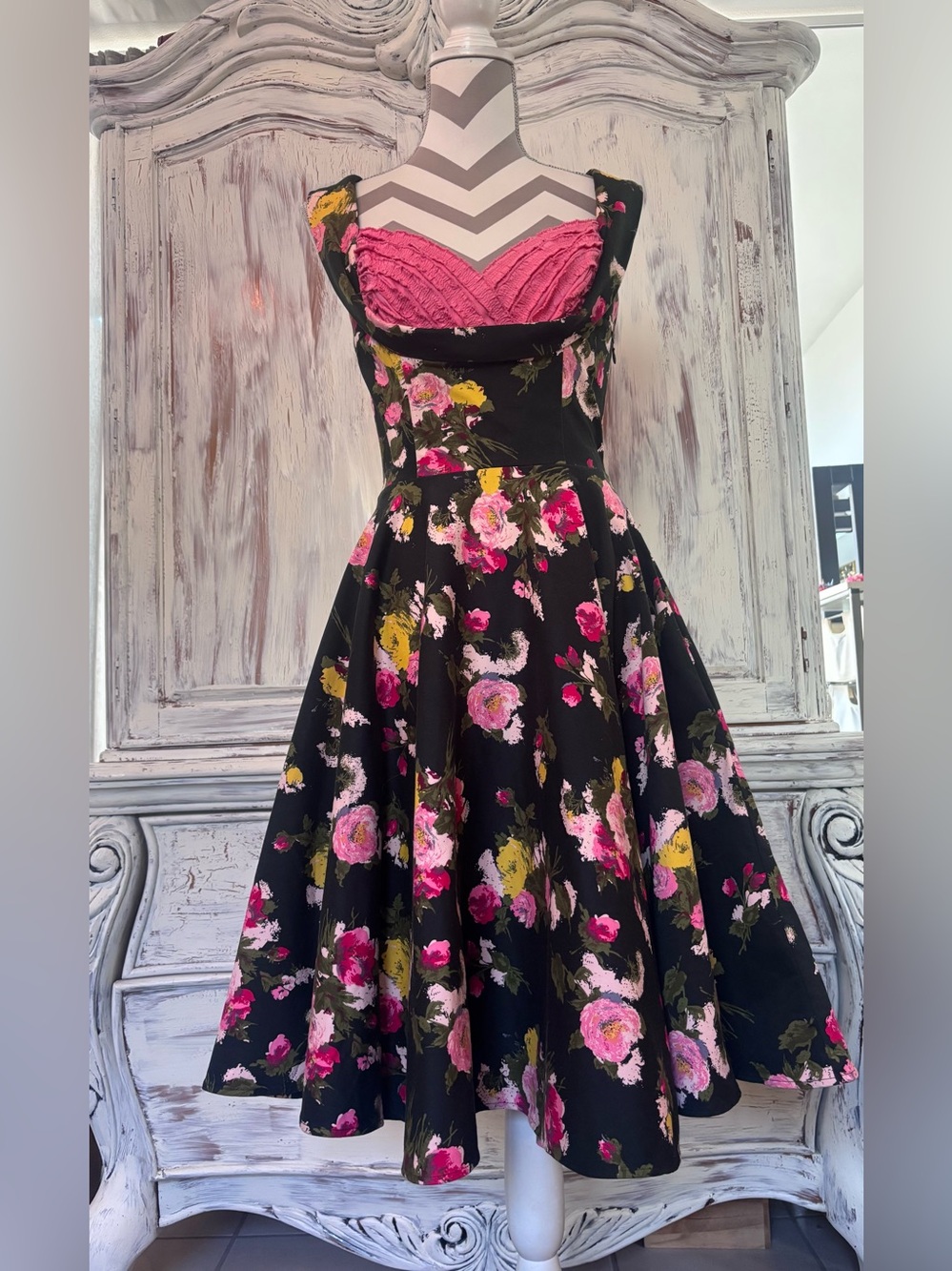 Trashy Diva Black Floral Midi Dress with Pink Bodice